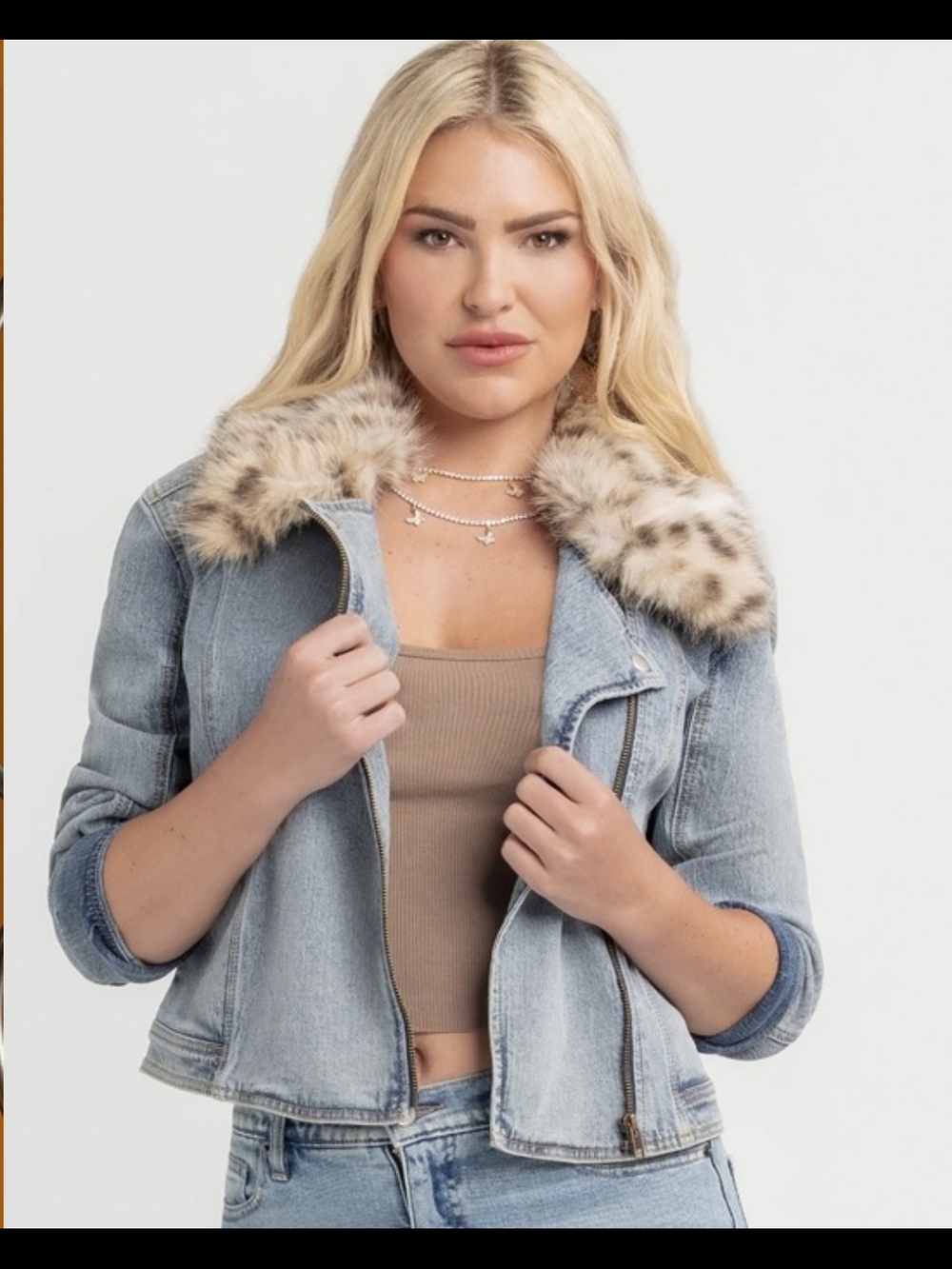 Jessica Simpson Denim Moto Jacket with Faux Fur Collar